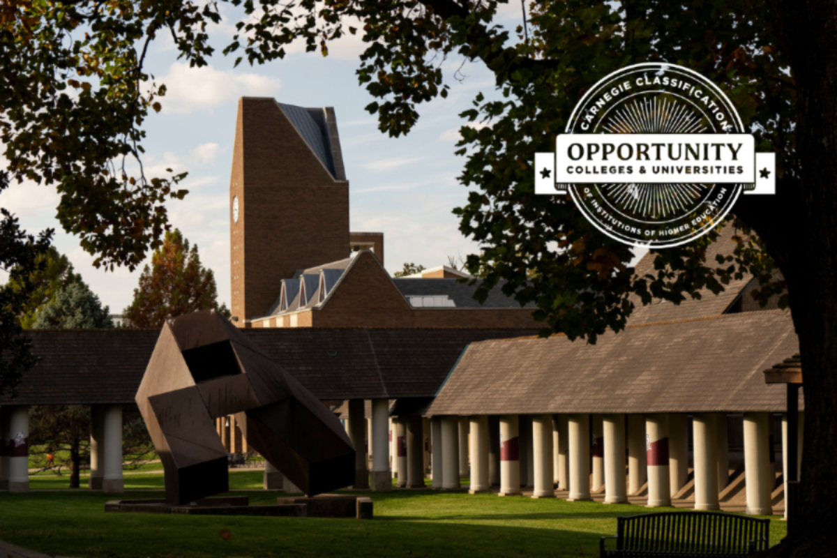 A view of the Bellarmine University campus, with an Opportunity College seal from the Carnegie Foundation.